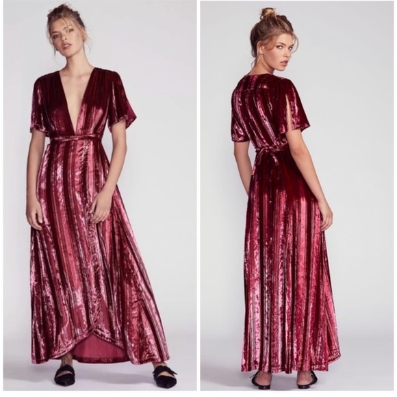 Free People Kara Velvet Wrap Metallic Striped Maxi Dress Burgundy XSmall NWOT - Picture 2 of 7